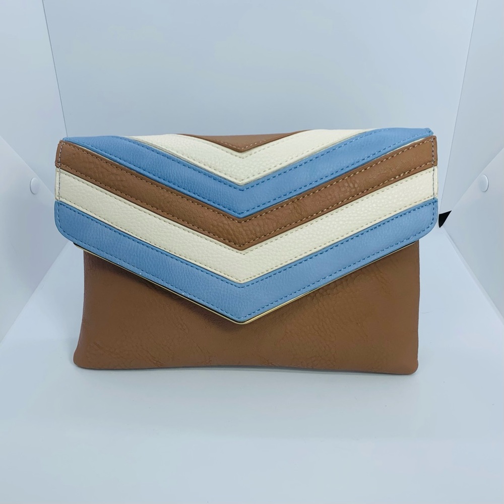 Chevron-Stripe Leather Envelope Clutch - Brown, Blue & Cream